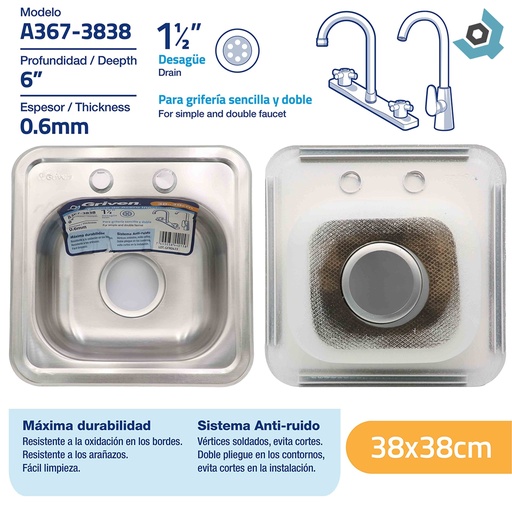 [8560] FREGADERO INDIVIDUAL 25 X 30 CM ACERO INOXIDABLE GRIVEN