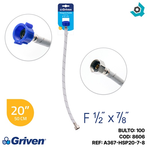 [8606] MANGUERA FLEXIBLE 50CM 1/2" x 7/8" PARA PLOMERIA GRIVEN