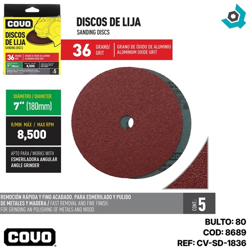 [8689] DISCO DE LIJA 7" X 7/8" GRANO 36 COVO