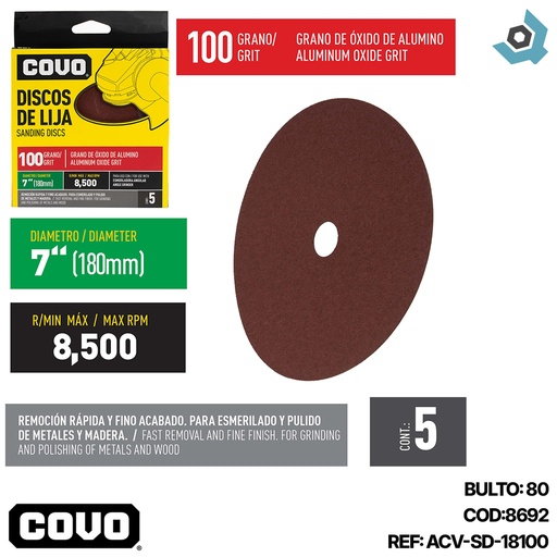 [8692] DISCO DE LIJA 7" X 7/8" GRANO 100 COVO