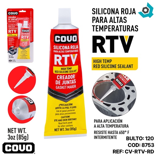 [8753] SELLADOR DE SILICONA ROJO ALTAS TEMPERATURAS COVO