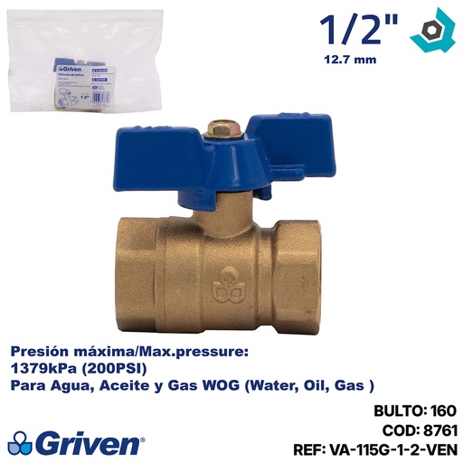 [8761] VALVULA 1/2" DE BRONCE ROSCADA GRIVEN