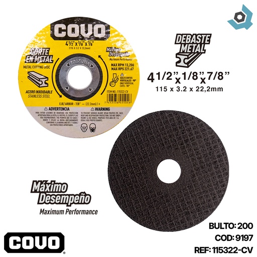 [9197] DISCO PARA CORTE EN METAL 4 1/2" COVO