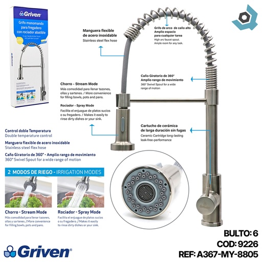 [9226] GRIFERIA PARA FREGADERO MONOMANDO SATINADO GRIVEN