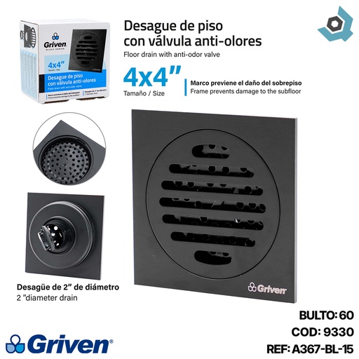 [9330] DESAGUE DE PISO 4" X 4" ANTIOLOR NEGRO GRIVEN