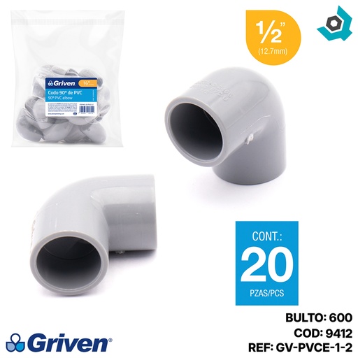 [9412] CODO 90GR PVC SCH 40 1/2" GRIVEN