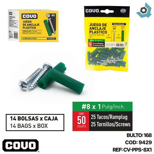 [9429] TORNILLOS CON RAMPLUG 8 X 1" 50 PIEZAS COVO