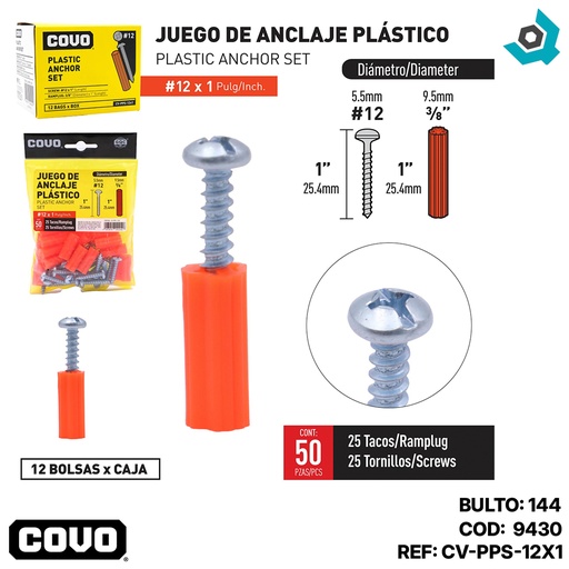 [9430] TORNILLOS CON RAMPLUG 12 X 1" 50 PIEZAS COVO
