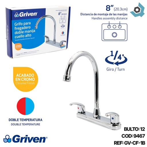 [9467] GRIFERIA PARA FREGADERO 8" CUELLO DE CISNE GRIVEN
