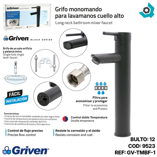 [9523] GRIFERIA PARA LAVAMANOS MONOMANDO GRIVEN BLACK