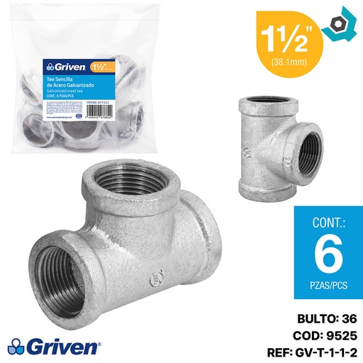[9525] TEE SENCILLA 1 1/2" DE ACERO GALVANIZADO HR GRIVEN