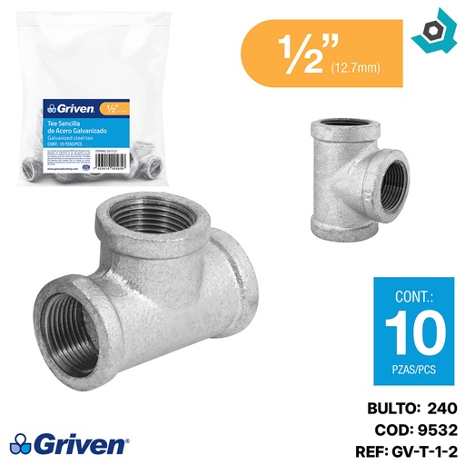[9532] TEE 1/2" DE ACERO GALVANIZADO SENCILLA HR GRIVEN