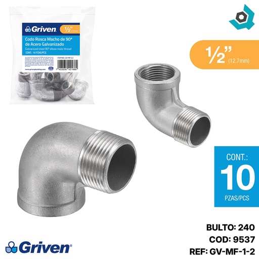 [9537] CODO 90GRADOS 1/2" DE ACERO GALVANIZADO MR GRIVEN