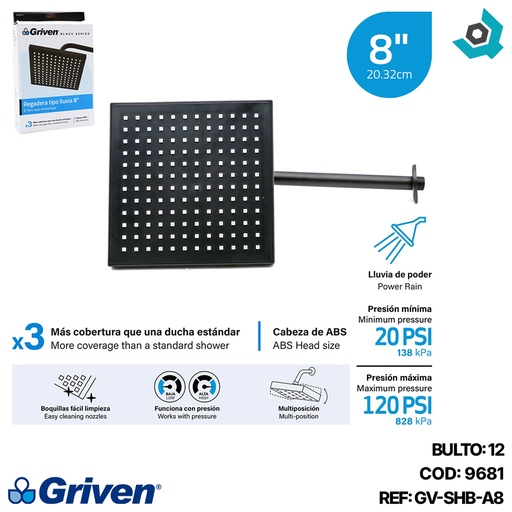 [9681] REGADERA PARA BANO 8" CUADRADA NEGRO GRIVEN BLACK
