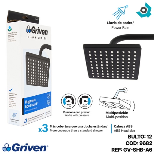 [9682] REGADERA PARA BANO 6" CUADRADA NEGRO GRIVEN BLACK