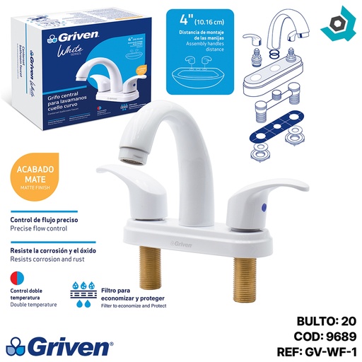 [9689] GRIFERIA PARA LAVAMANOS 4" CUELLO CURVO GRIVEN WHITE