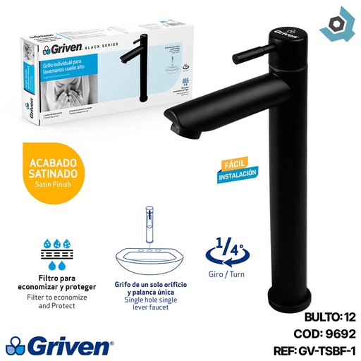 [9692] GRIFERIA PARA LAVAMANOS INDIVIDUAL CUELLO ALTO GRIVEN BLACK