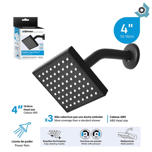 [9696] REGADERA PARA BANO 4" CUADRADA NEGRO GRIVEN BLACK