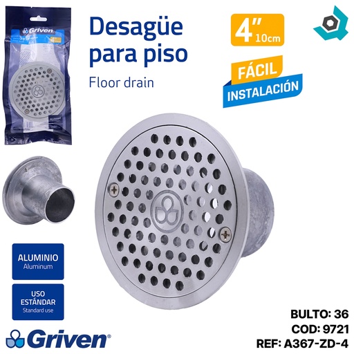 [9721] DESAGUE DE PISO 4" REDONDO ALUMINIO GRIVEN