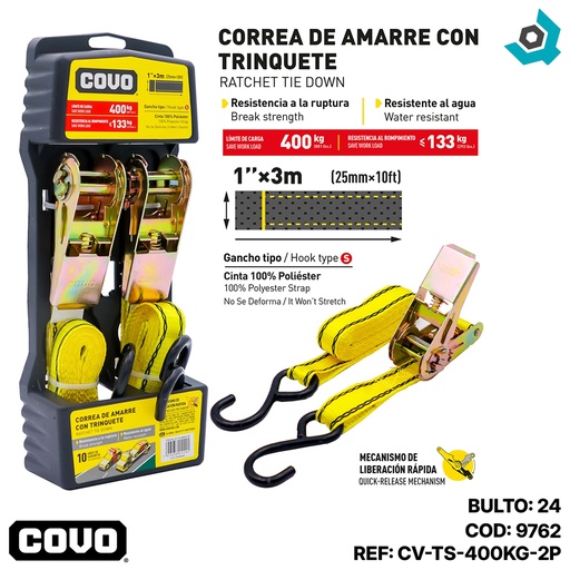 [9762] CORREA DE AMARRE CON TRINQUETE 400KG X 3M COVO