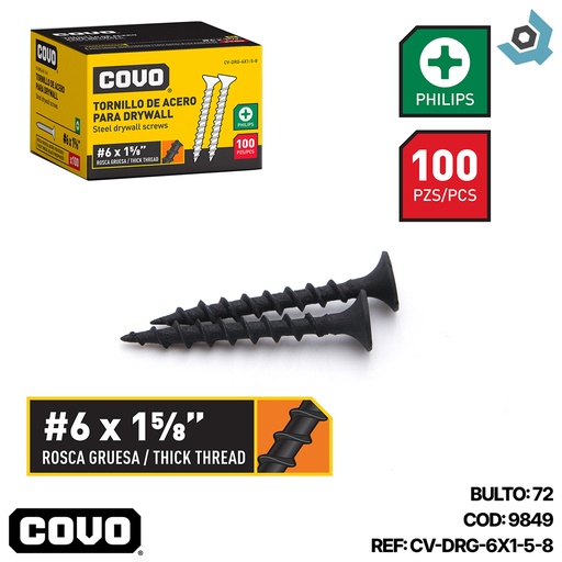 [9849] TORNILLO DRYWALL #6 X 1 5/8" ROSCA GRUESA 100PZA COVO