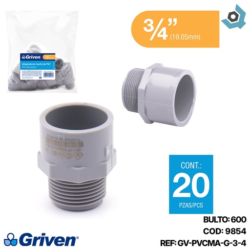 [9854] ADAPTADOR PVC 3/4" MACHO GRIS GRIVEN