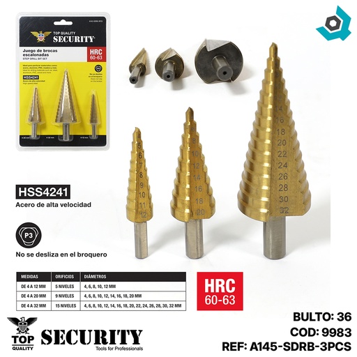 [9983] MECHAS 1/4" MULTIMATERIAL ESCALONADA 3 PIEZAS SECURITY