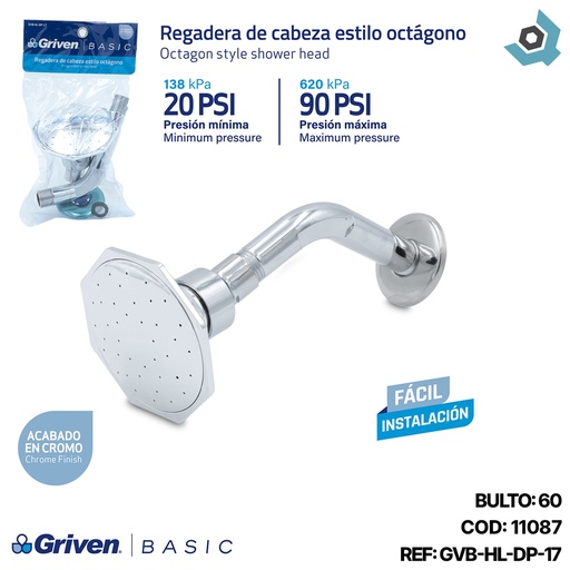 [11087] REGADERA PARA BANO 4" ABS CROMADA CABEZA OCTAGONAL GRIVEN BASIC