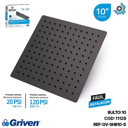 [11128] REGADERA PARA DUCHA TIPO LLUVIA CUADRADA 10" GRIVEN BLACK