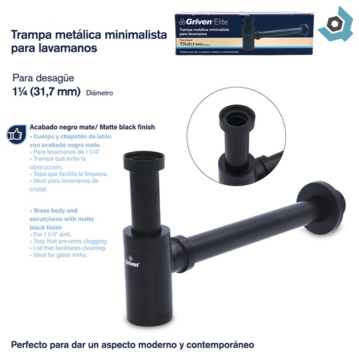 [11144] SIFON PARA LAVAMANOS 1 1/4" METALICO NEGRO GRIVEN ELITE