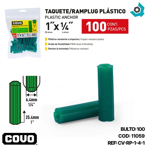 [11059] RAMPLUG PLASTICO 1" X 1/4" 100 PIEZAS VERDE COVO