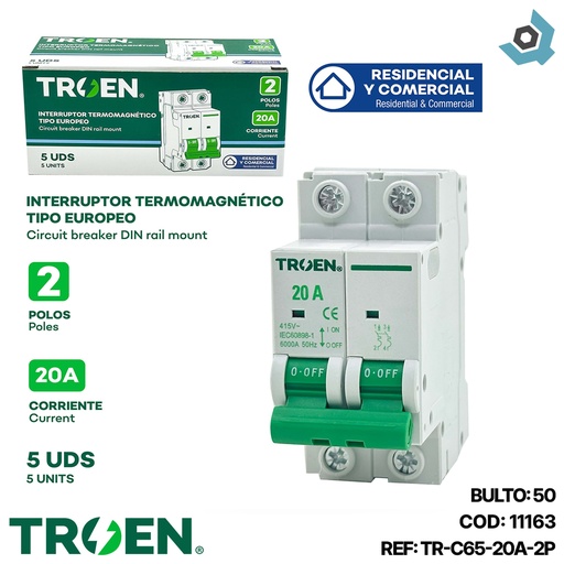 [11163] BREAKER TERMOMAGNETICO 20A 2P TIPO EUROPEO TROEN