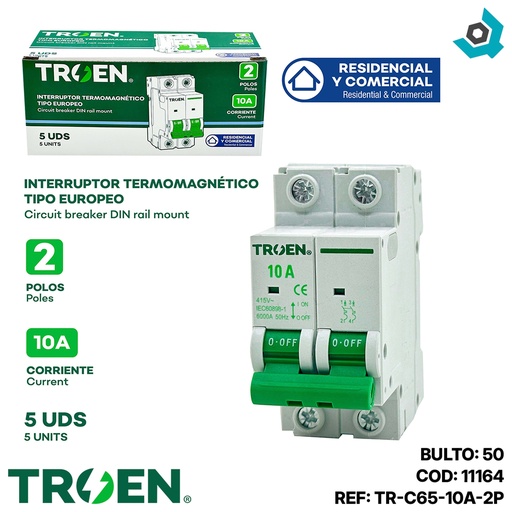 [11164] BREAKER TERMOMAGNETICO 10A 2P TIPO EUROPEO TROEN