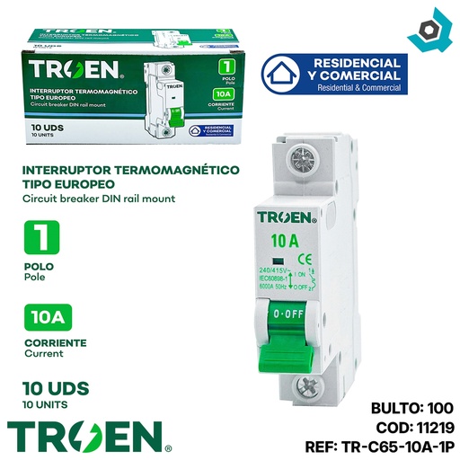 [11219] BREAKER TERMOMAGNETICO 10A 1P TIPO EUROPEO TROEN