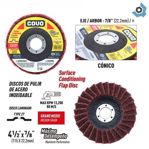 [11297] DISCODE ABRASIVO 4 1/2" GRANO MEDIO PARA PULIR DE ACERO INOXIDABLE COVO