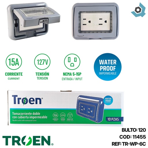 [11455] TOMACORRIENTE DOBLE CON CUBIERTA IMPERMEABLE 127/250V 15A TROEN