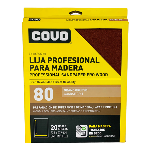 [11477] LIJA PROFESIONAL 9" X 11" PARA MADERA GRANO 80 COVO