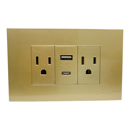 [11703] TOMACORRIENTE DOBLE CON UN USB Y UN TIPO C DORADO TROEN