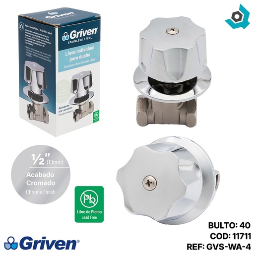 [11711] LLAVE PARA DUCHA 1/2" CROMADO ACERO INOXIDABLE GRIVEN