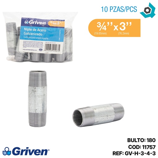 [11757] NIPLE 3/4" X 3" DE LARGO DE ACERO GALVANIZADO GRIVEN