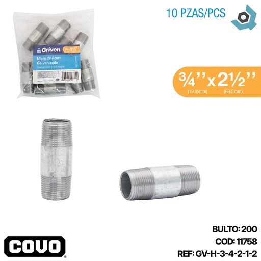 [11758] NIPLE 3/4" X 2 1/2" DE ACERO GALVANIZADO GRIVEN