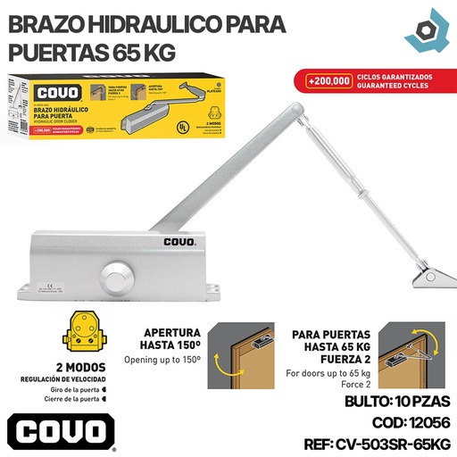 [12056] BRAZO HIDRAULICO PARA PUERTAS 65 KG CROMADO COVO