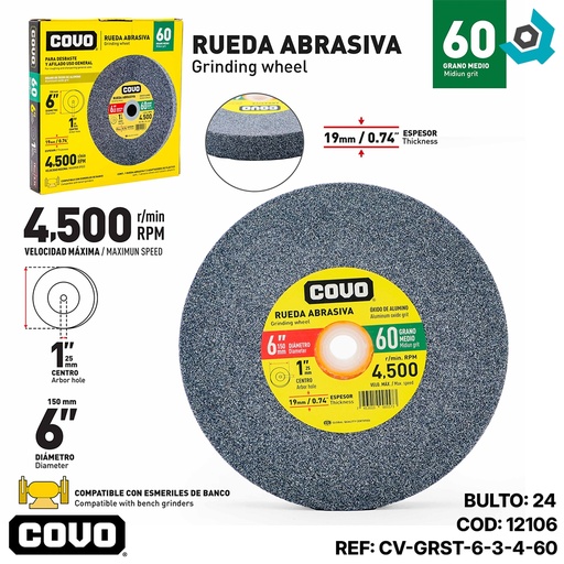 [12106] DISCO ABRASIVO PARA DESBASTE GRANO 60 X 6" X 19MM COVO