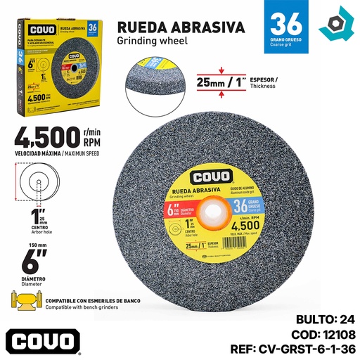 [12108] DISCO ABRASIVO PARA DESBASTE GRANO 36 X 6" X 25MM COVO