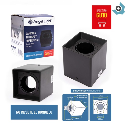 [12272] LAMPARA SPOT CUADRADA SUPERFICIAL GU10 10.5CM NEGRO ANGEL LIGHT