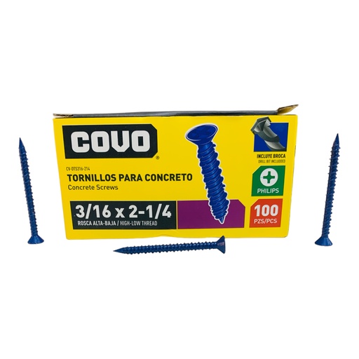 [12428] TORNILLOS PARA CONCRETO 3/16” X 2-1/4” 100 PZAS COVO