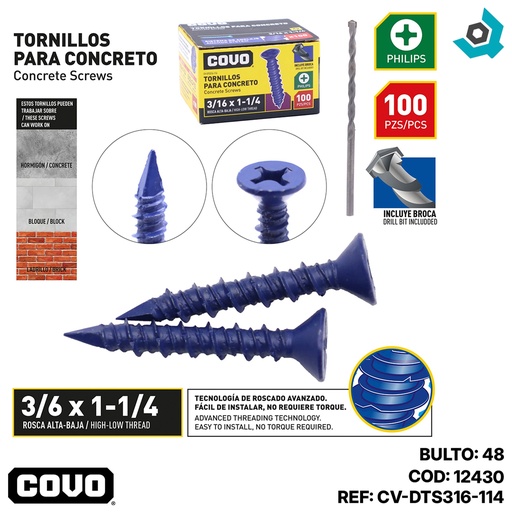 [12430] TORNILLOS PARA CONCRETO 3/16” X 1-1/4” 100 PZAS COVO