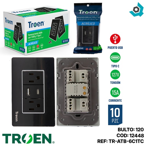 [12448] TOMACORRIENTE CON 1 USB Y 1 TIPO C DE ACRILICO NEGRO TROEN