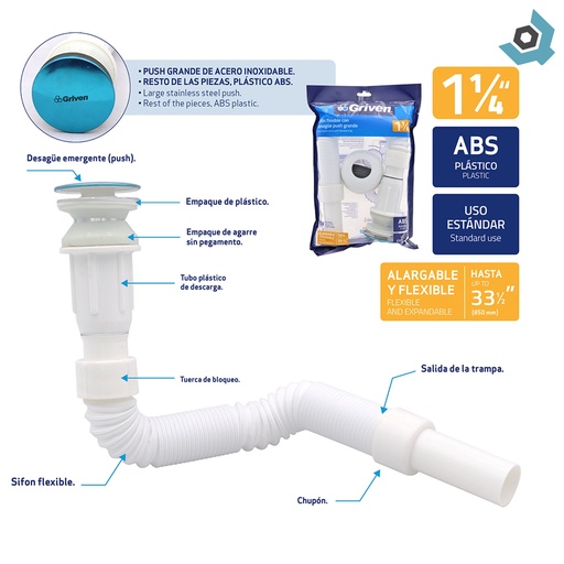 [12493] SIFON FLEXIBLE CON DESAGUE PUSH GRANDE 1 1/4" GRIVEN