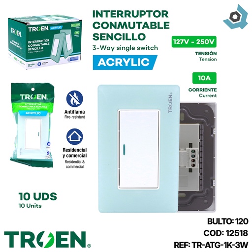 [12518] APAGADOR INDIVIDUAL 3 WAY ACRILICO VERDE AGUA TROEN